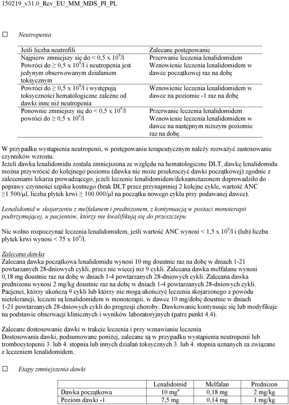 Wznowienie leczenia lenalidomidem w dawce początkowej raz na dobę Wznowienie leczenia lenalidomidem w dawce na poziomie -1 raz na dobę Przerwanie leczenia lenalidomidem Wznowienie leczenia