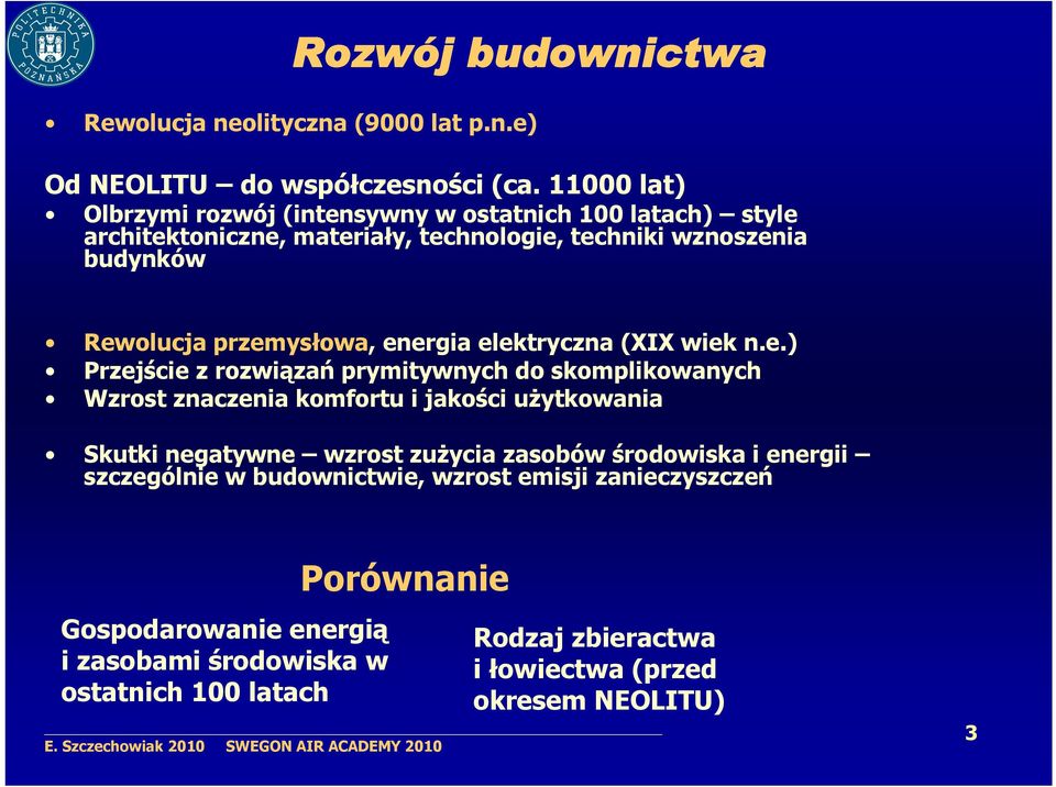 przemysłowa, energia elektryczna (XIX wiek n.e.) Przejście z rozwiązań prymitywnych do skomplikowanych Wzrost znaczenia komfortu i jakości użytkowania Skutki