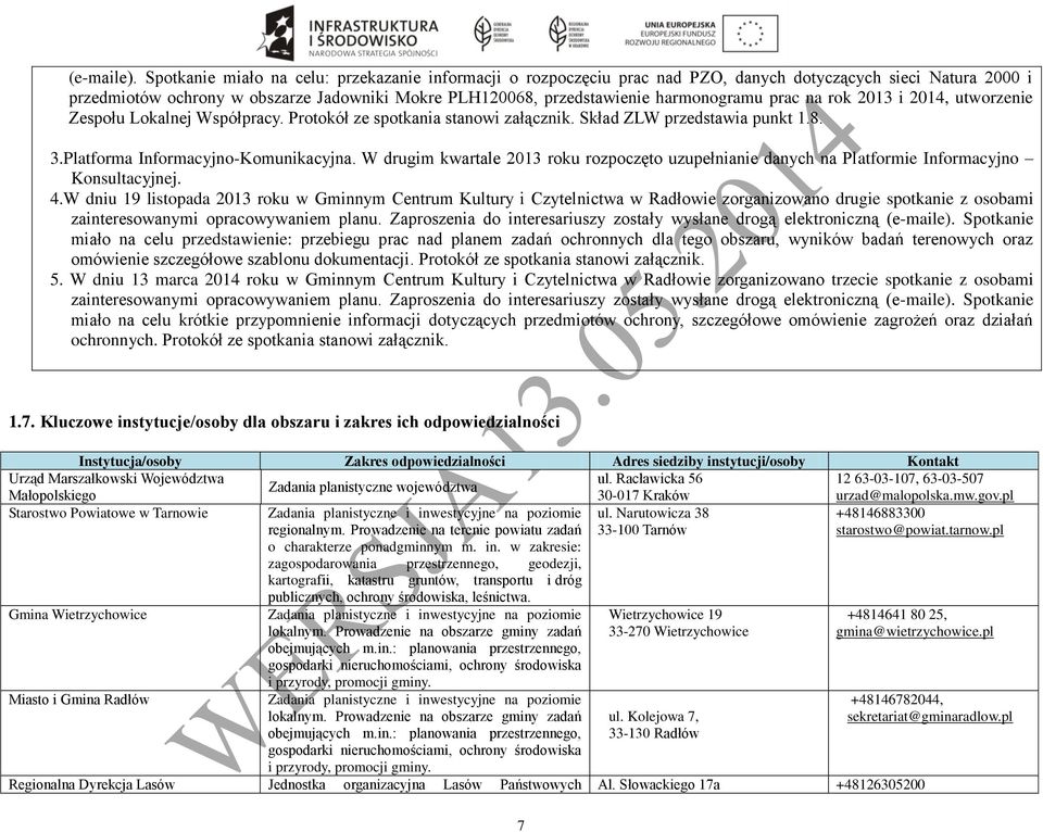 harmonogramu prac na rok 2013 i 2014, utworzenie Zespołu Lokalnej Współpracy. Protokół ze spotkania stanowi załącznik. Skład ZLW przedstawia punkt 1.8. 3.Platforma Informacyjno-Komunikacyjna.