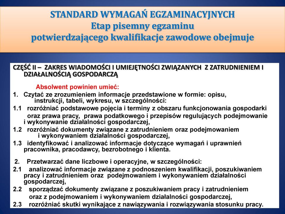 1 rozróżniać podstawowe pojęcia i terminy z obszaru funkcjonowania gospodarki oraz prawa pracy, prawa podatkowego i przepisów regulujących podejmowanie i wykonywanie działalności gospodarczej, 1.