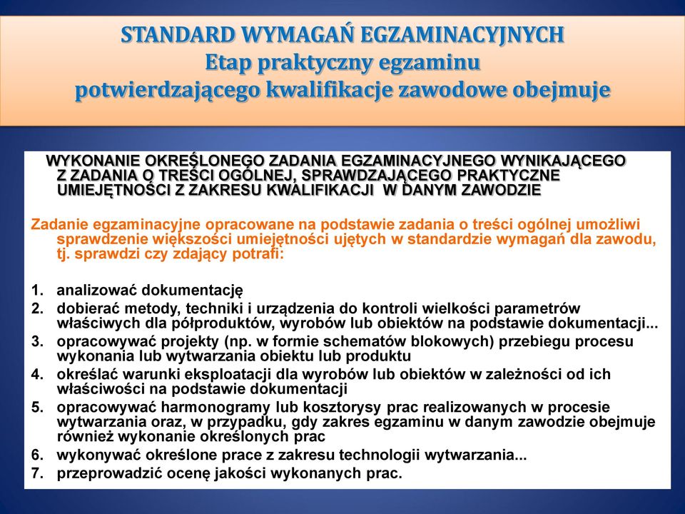 ujętych w standardzie wymagań dla zawodu, tj. sprawdzi czy zdający potrafi: 1. analizować dokumentację 2.