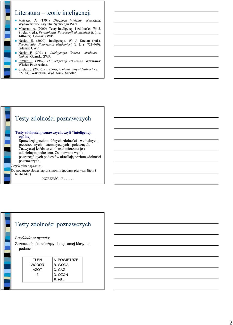 Inteligencja. Geneza - struktura funkcje. Gdańsk: GWP. Strelau, J. (1987). O inteligencji człowieka. Warszawa: Wiedza Powszechna. Strelau, J. (2005). Psychologia różnic indywidualnych (s. 62-164).