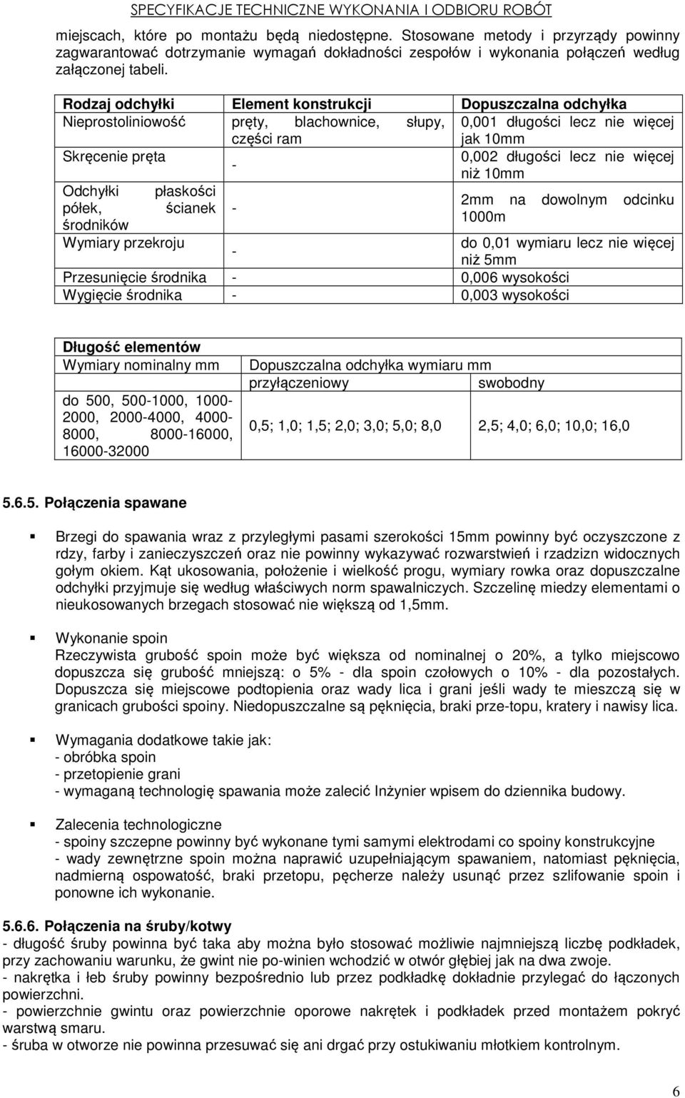 więcej - niż 10mm Odchyłki płaskości 2mm na dowolnym odcinku półek, ścianek - 1000m środników Wymiary przekroju do 0,01 wymiaru lecz nie więcej - niż 5mm Przesunięcie środnika - 0,006 wysokości