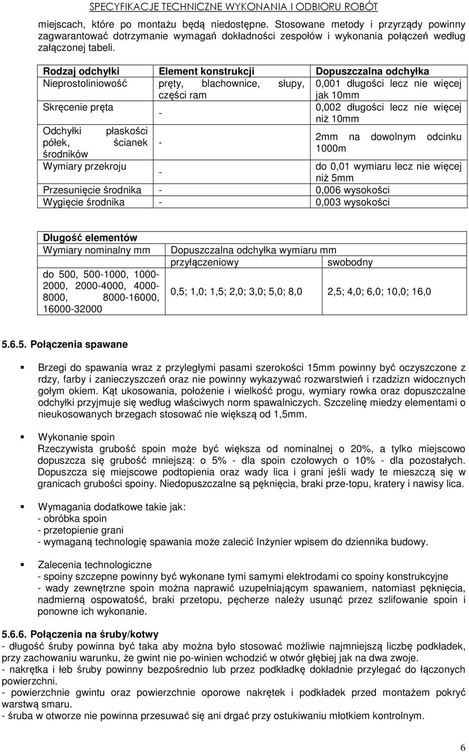 więcej - niż 10mm Odchyłki płaskości 2mm na dowolnym odcinku półek, ścianek - 1000m środników Wymiary przekroju do 0,01 wymiaru lecz nie więcej - niż 5mm Przesunięcie środnika - 0,006 wysokości