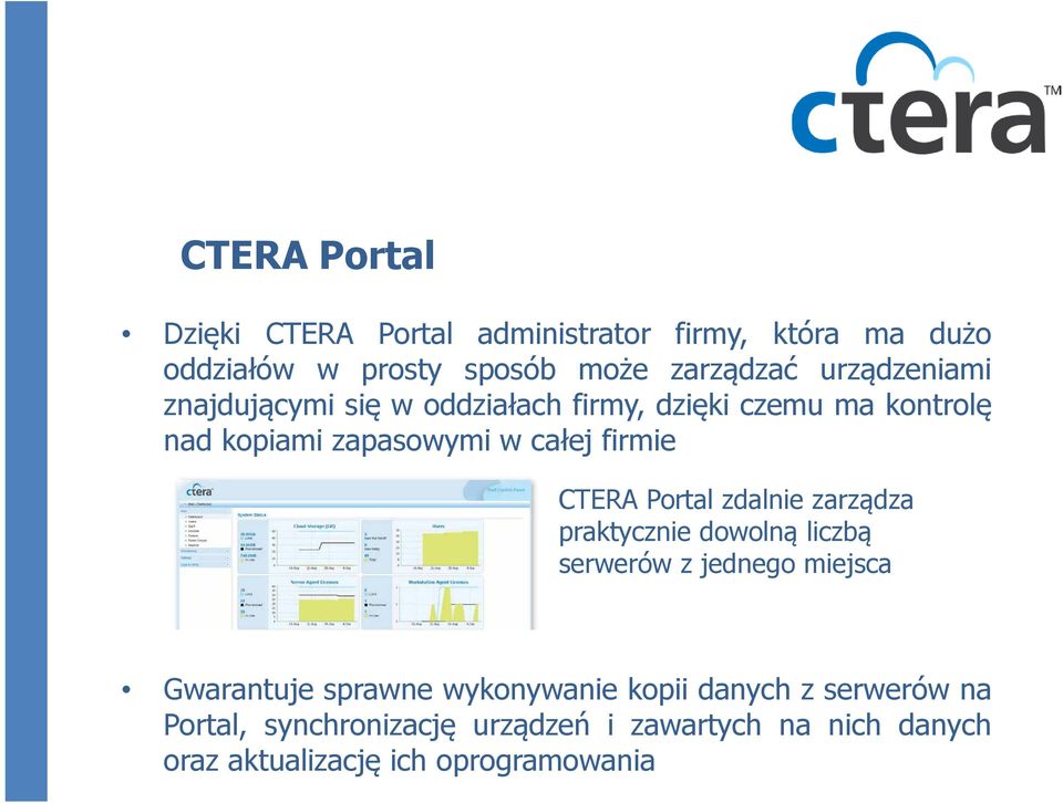 CTERA Portal zdalnie zarządza praktycznie dowolną liczbą serwerów z jednego miejsca Gwarantuje sprawne wykonywanie