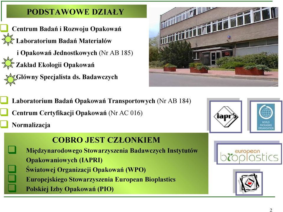 Badawczych Laboratorium Badań Opakowań Transportowych (Nr AB 184) Centrum Certyfikacji Opakowań (Nr AC 016) Normalizacja