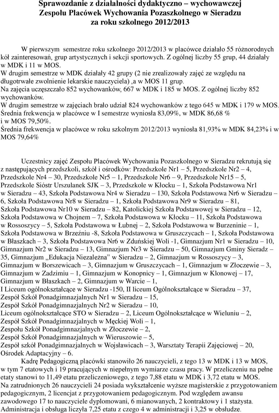 W drugim semestrze w MDK działały 42 grupy (2 nie zrealizowały zajęć ze względu na długotrwałe zwolnienie lekarskie nauczyciela),a w MOS 11 grup.