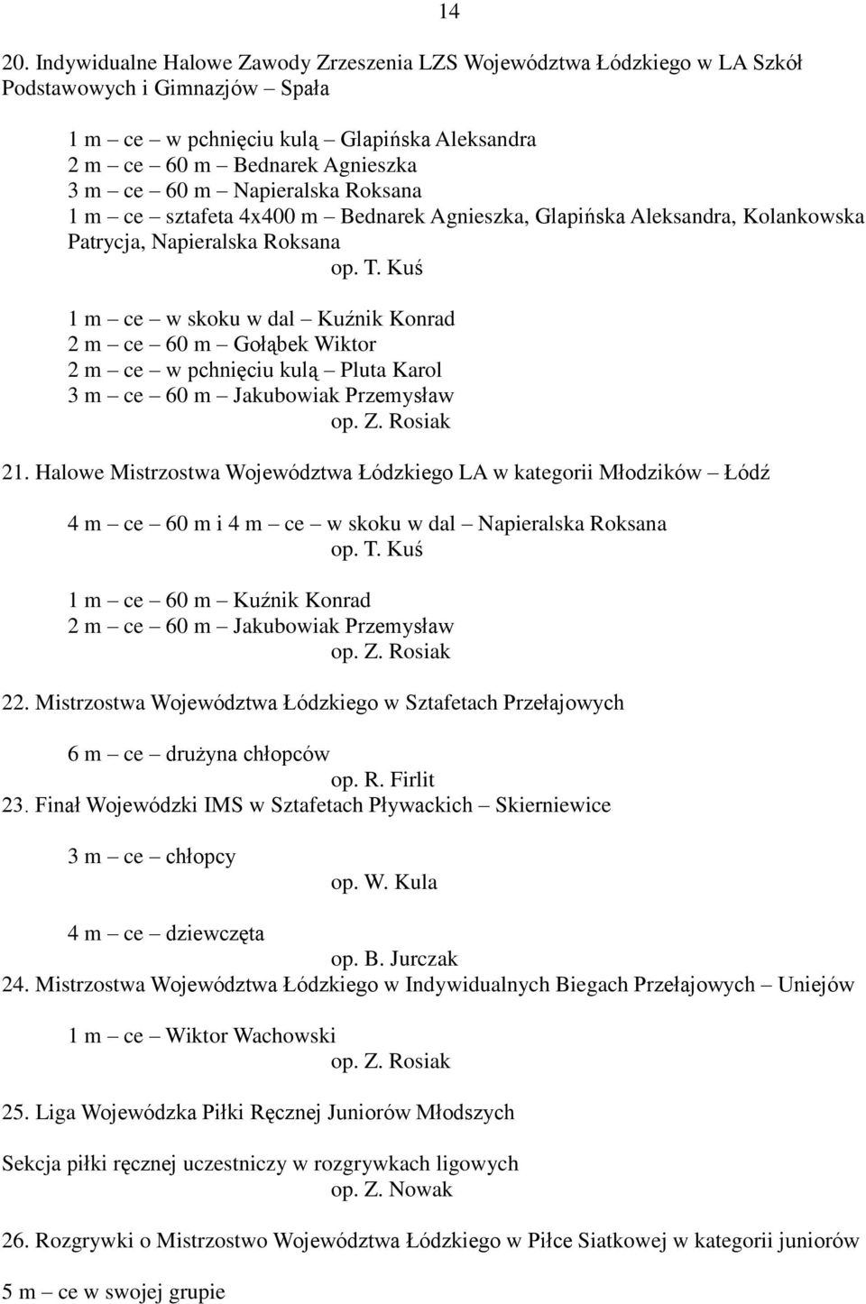 Kuś 1 m ce w skoku w dal Kuźnik Konrad 2 m ce 60 m Gołąbek Wiktor 2 m ce w pchnięciu kulą Pluta Karol 3 m ce 60 m Jakubowiak Przemysław 21.