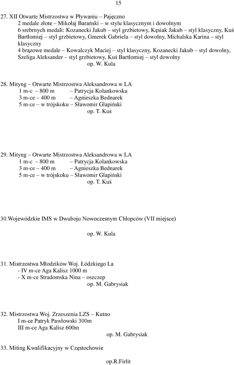 Bartłomiej styl grzbietowy, Gmerek Gabriela styl dowolny, Michalska Karina styl klasyczny 4 brązowe medale Kowalczyk Maciej styl klasyczny, Kozanecki Jakub styl dowolny, Szeliga Aleksander styl