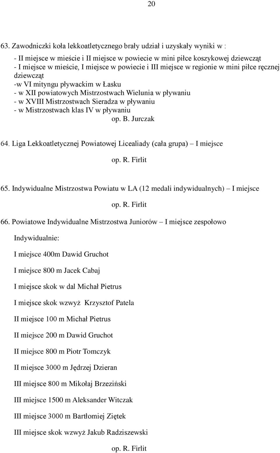 III miejsce w regionie w mini piłce ręcznej dziewcząt -w VI mityngu pływackim w Łasku - w XII powiatowych Mistrzostwach Wielunia w pływaniu - w XVIII Mistrzostwach Sieradza w pływaniu - w