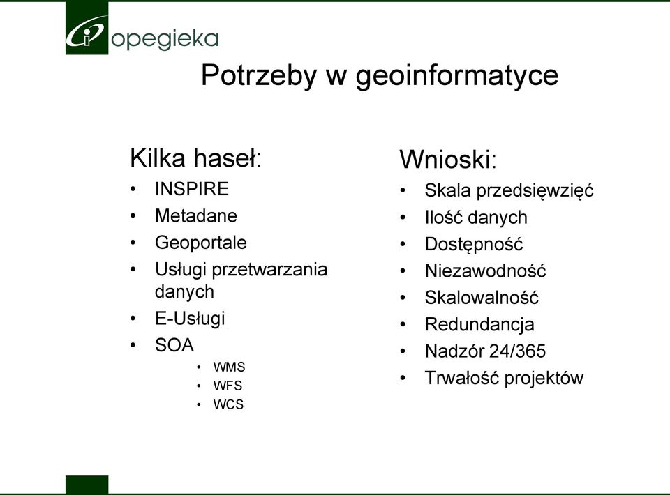 WCS Wnioski: Skala przedsięwzięć Ilość danych Dostępność