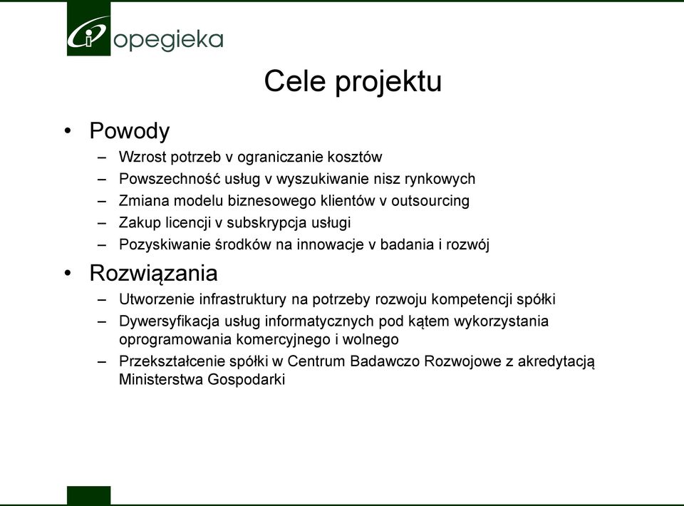 Rozwiązania Utworzenie infrastruktury na potrzeby rozwoju kompetencji spółki Dywersyfikacja usług informatycznych pod kątem