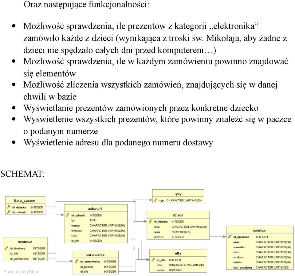 elementów Możliwość zliczenia wszystkich zamówień, znajdujących się w danej chwili w bazie Wyświetlanie prezentów zamówionych przez konkretne