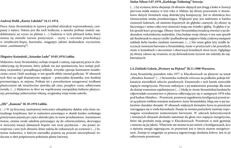 przechodzący w światłocień-brązu, laserunku, osiągnięty jakimś doskonałym wyczuciem, może szarlatanerią? Zbigniew Kośmiński Sztandar Ludu 19.05.1976 Lublin.