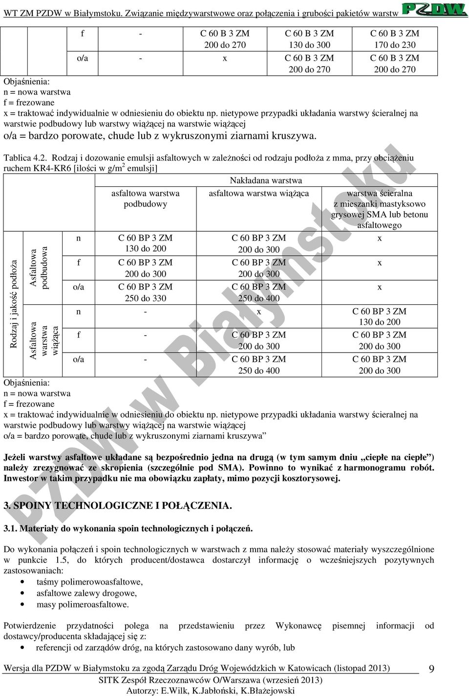 Rodzaj i dozowanie emulsji asfaltowych w zależności od rodzaju podłoża z mma, przy obciążeniu ruchem KR4-KR6 [ilości w g/m 2 emulsji] Nakładana warstwa Rodzaj i jakość podłoża Asfaltowa podbudowa