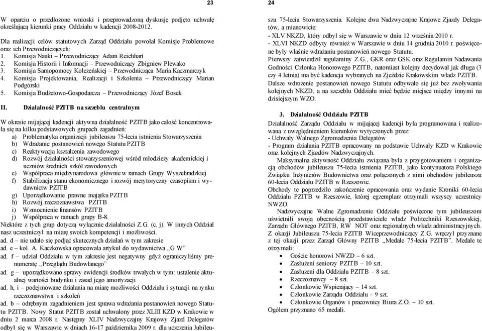Komisja Historii i Informacji Przewodniczący Zbigniew Plewako 3. Komisja Samopomocy Koleżeńskiej Przewodnicząca Maria Kaczmarczyk 4.