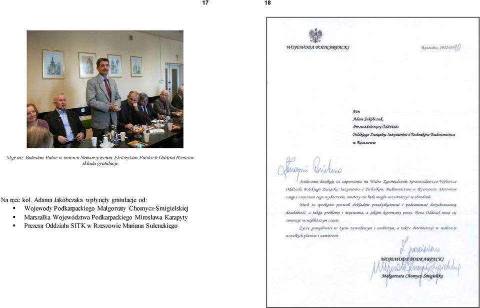 składa gratulacje Na ręce kol.