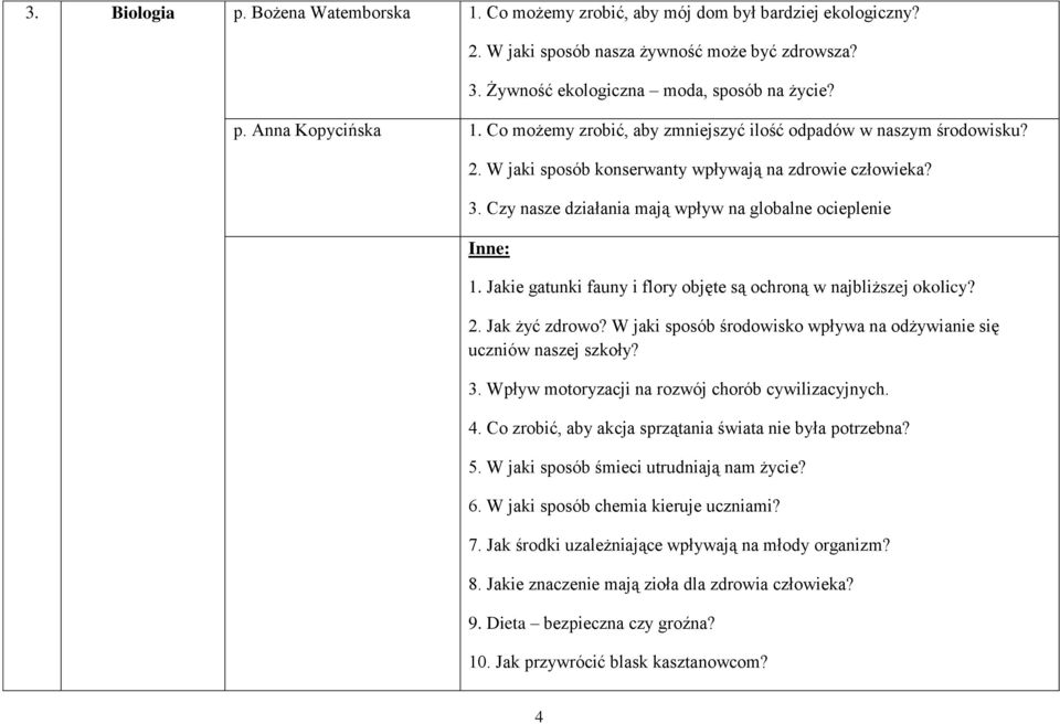 Jakie gatunki fauny i flory objęte są ochroną w najbliższej okolicy? 2. Jak żyć zdrowo? W jaki sposób środowisko wpływa na odżywianie się uczniów naszej szkoły? 3.
