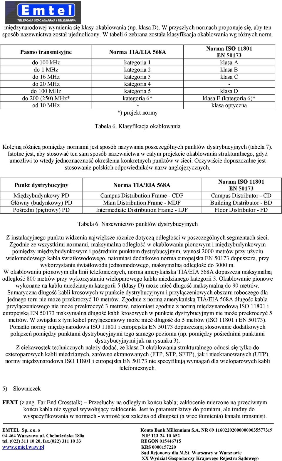 Pasmo transmisyjne Norma TIA/EIA 568A Norma ISO 11801 EN 50173 do 100 khz kategoria 1 klasa A do 1 MHz kategoria 2 klasa B do 16 MHz kategoria 3 klasa C do 20 MHz kategoria 4 - do 100 MHz kategoria 5