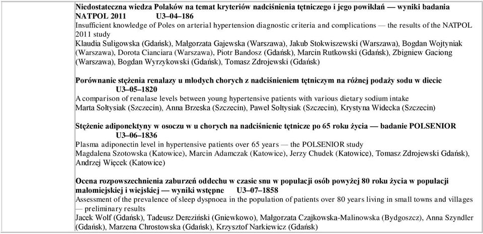(Gdańsk), Zbigniew Gaciong, Bogdan Wyrzykowski (Gdańsk), Tomasz Zdrojewski (Gdańsk) Porównanie stężenia renalazy u młodych chorych z nadciśnieniem tętniczym na różnej podaży sodu w diecie U3 05 1820
