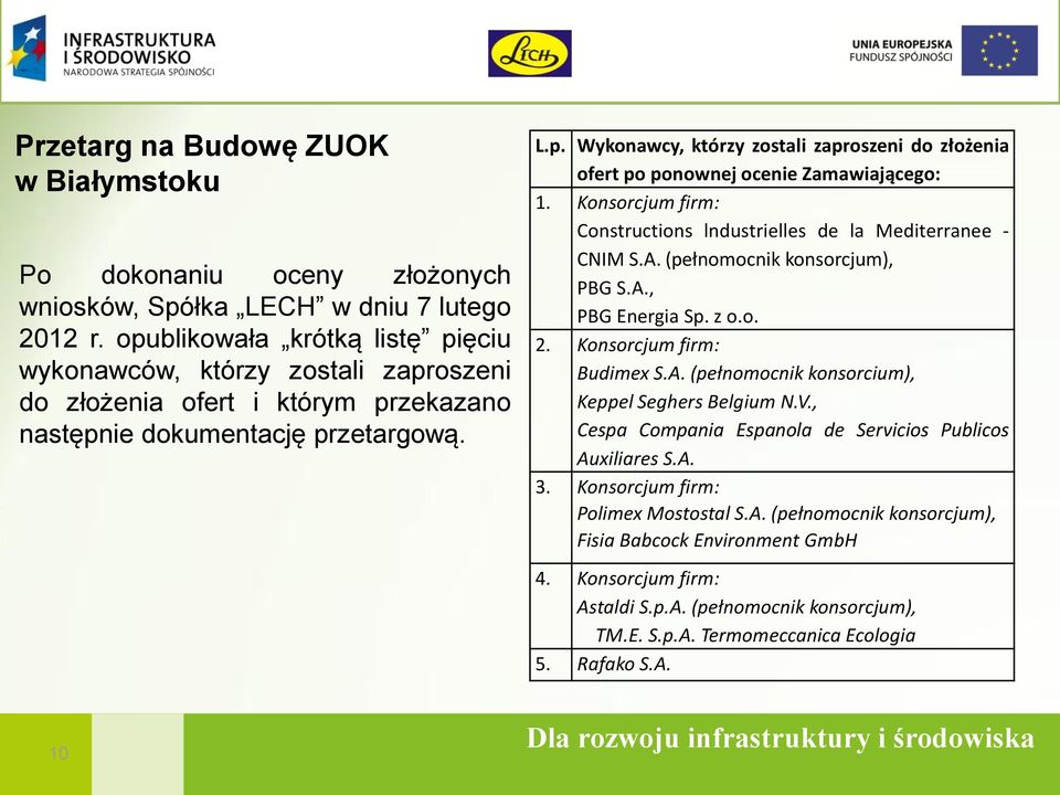 Konsorcjum firm: Constructions lndustrielles de la Mediterranee - CNIM S.A. (pełnomocnik konsorcjum), PBG S.A., PBG Energia Sp. z o.o. 2. Konsorcjum firm: Budimex S.A. (pełnomocnik konsorcium), Keppel Seghers Belgium N.