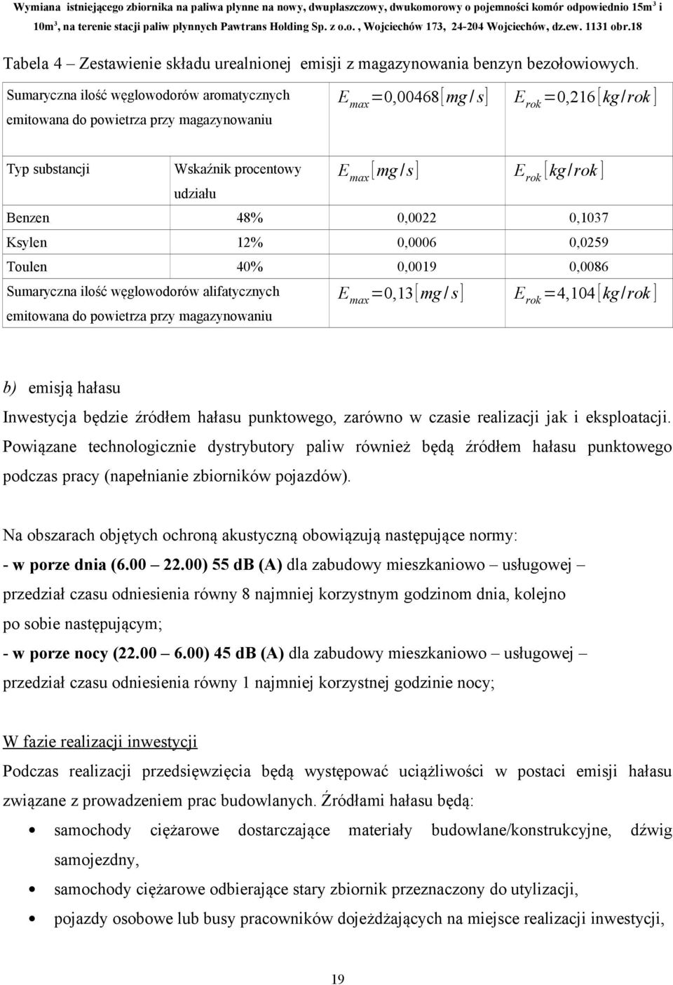 procentowy udziału Benzen 48% 0,0022 0,1037 Ksylen 12% 0,0006 0,0259 Toulen 40% 0,0019 0,0086 Sumaryczna ilość węglowodorów alifatycznych E max =0,13 [ mg / s ] E rok =4,104 [ kg / rok ] emitowana do