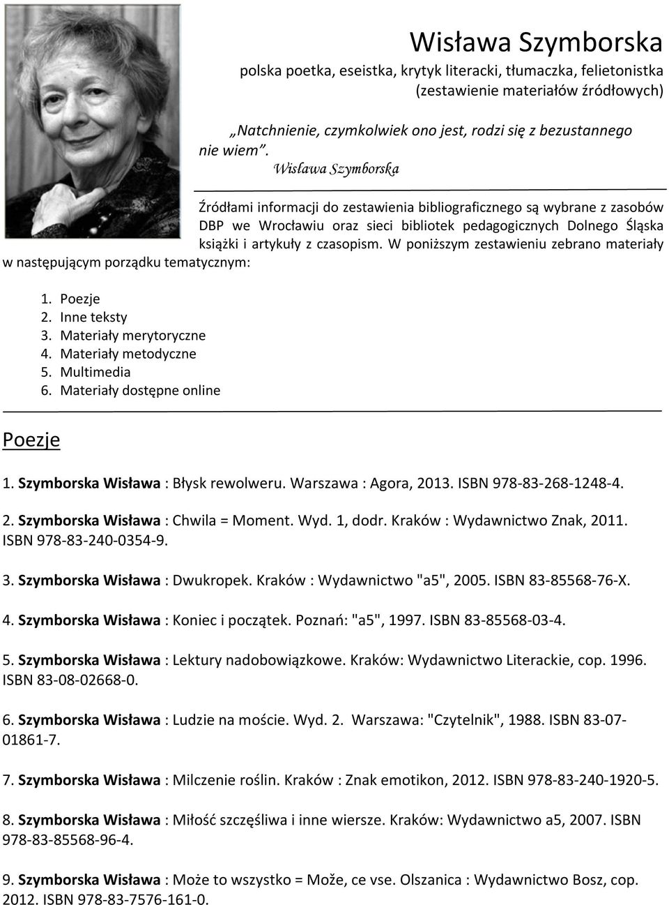 W poniższym zestawieniu zebrano materiały w następującym porządku tematycznym: 1. Poezje 2. Inne teksty 3. Materiały merytoryczne 4. Materiały metodyczne 5. Multimedia 6.
