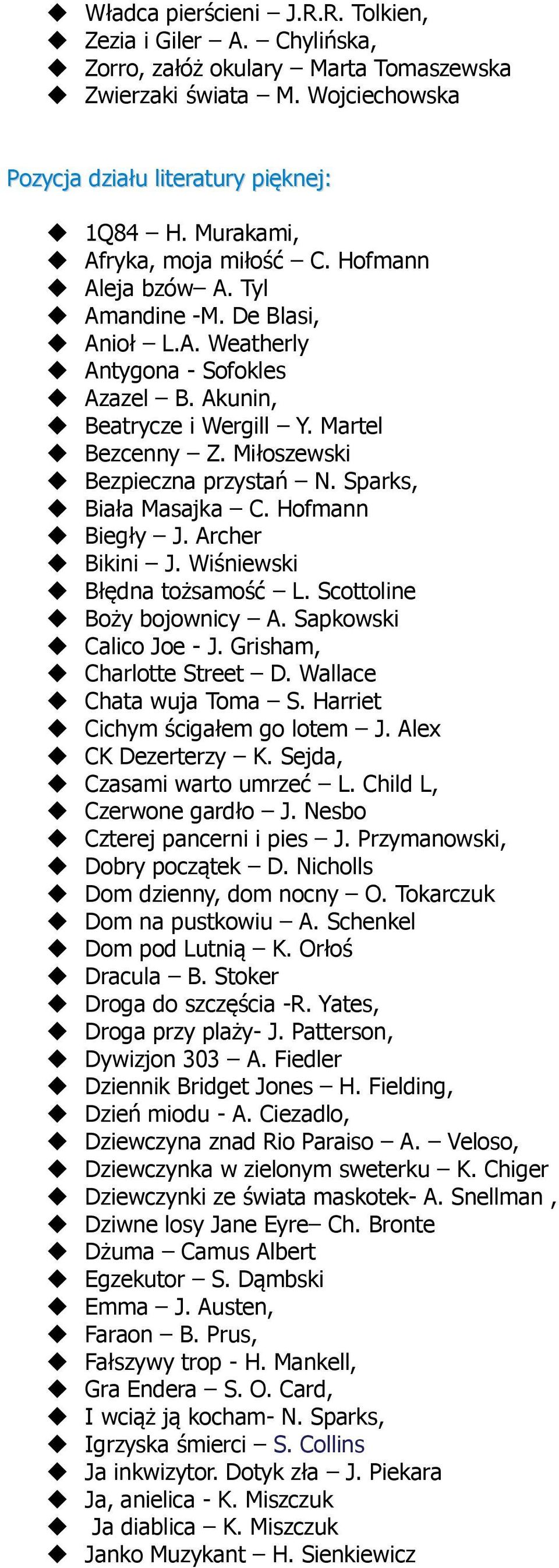 Miłoszewski Bezpieczna przystań N. Sparks, Biała Masajka C. Hofmann Biegły J. Archer Bikini J. Wiśniewski Błędna tożsamość L. Scottoline Boży bojownicy A. Sapkowski Calico Joe - J.