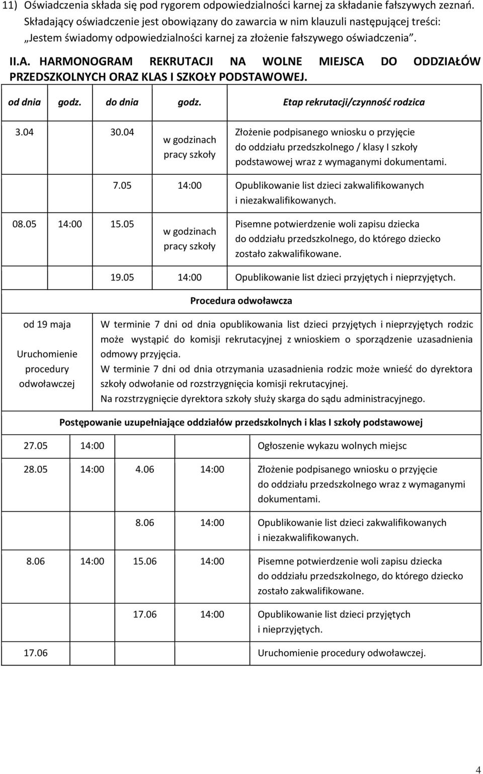 HARMONOGRAM REKRUTACJI NA WOLNE MIEJSCA DO ODDZIAŁÓW PRZEDSZKOLNYCH ORAZ KLAS I SZKOŁY PODSTAWOWEJ. od dnia godz. do dnia godz. Etap rekrutacji/czynność rodzica 3.04 30.