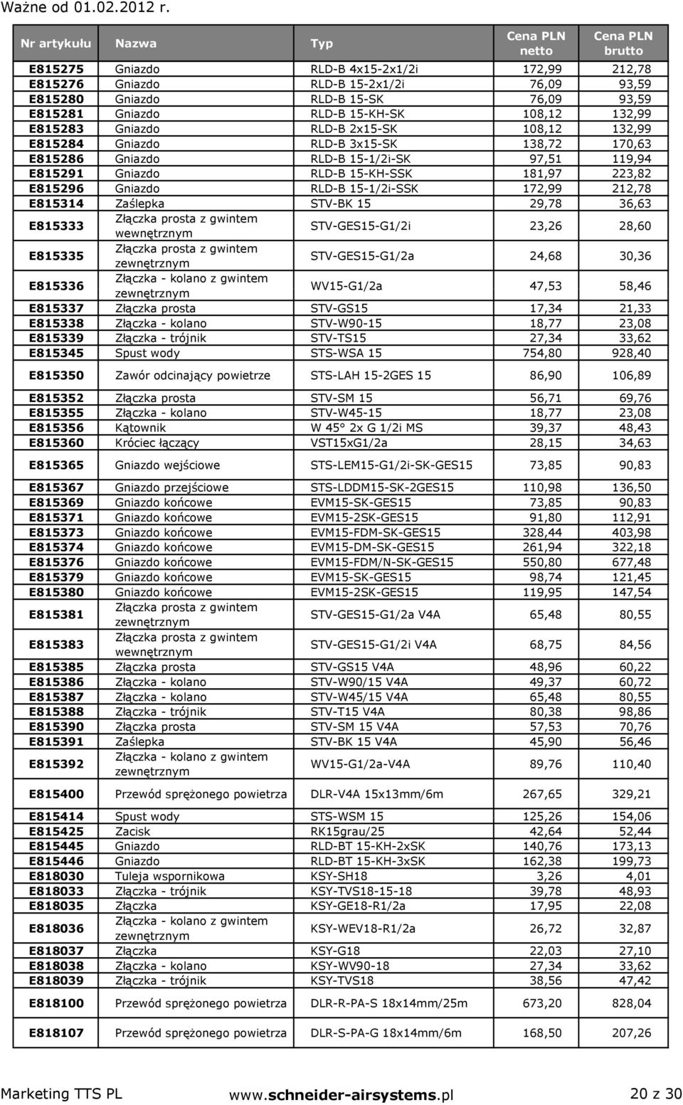 172,99 212,78 E815314 Zaślepka STV-BK 15 29,78 36,63 E815333 STV-GES15-G1/2i 23,26 28,60 E815335 STV-GES15-G1/2a 24,68 30,36 E815336 WV15-G1/2a 47,53 58,46 E815337 Złączka prosta STV-GS15 17,34 21,33