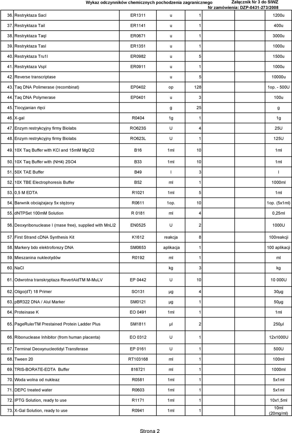 Tiocyjanian rtęci g 25 g 46. X-gal R0404 1g 1 1g 47. Enzym restrykcyjny firmy Biolabs RO623S U 4 25U 48. Enzym restrykcyjny firmy Biolabs RO623L U 1 125U 49.