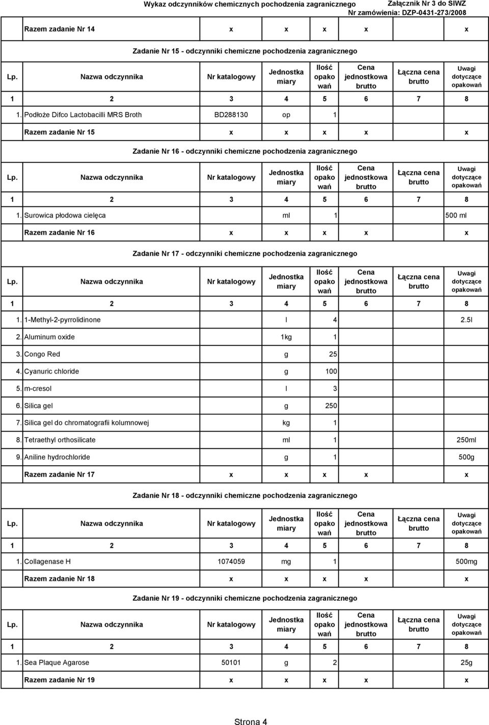 Surowica płodowa cielęca ml 1 500 ml Razem zadanie Nr 16 x x x x x Zadanie Nr 17 - odczynniki chemiczne pochodzenia zagranicznego 1. 1-Methyl-2-pyrrolidinone l 4 2.5l 2. Aluminum oxide 1kg 1 3.