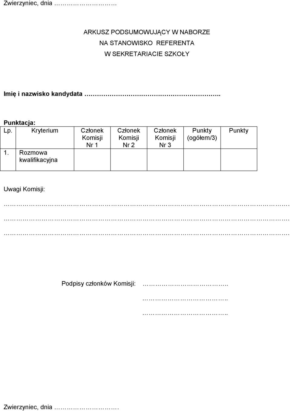 Kryterium Członek Komisji Nr 1 1.