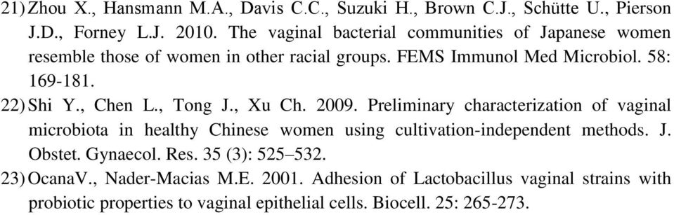, Chen L., Tong J., Xu Ch. 2009. Preliminary characterization of vaginal microbiota in healthy Chinese women using cultivation-independent methods. J. Obstet.