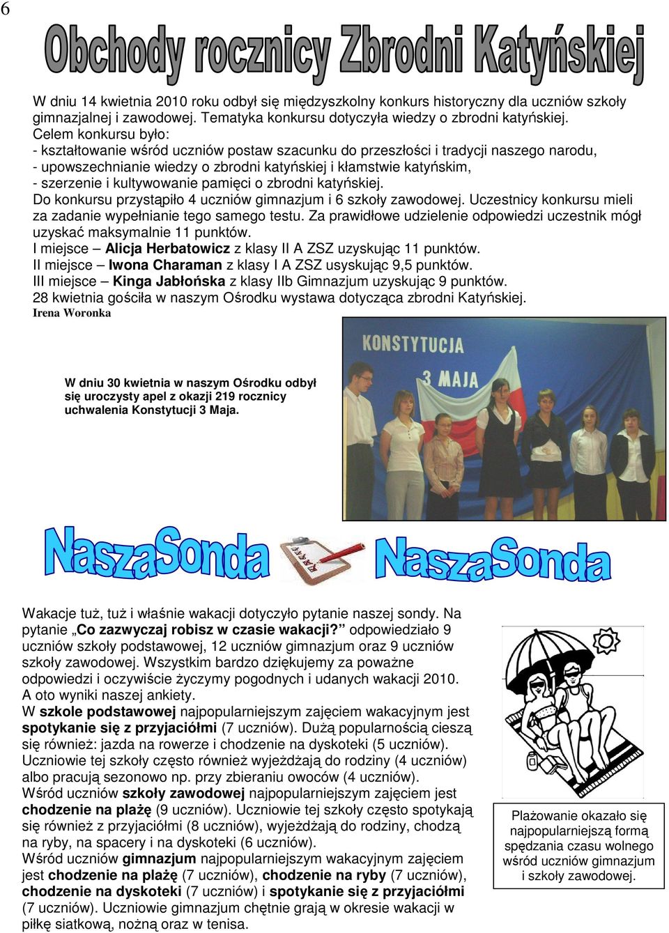kultywowanie pamięci o zbrodni katyńskiej. Do konkursu przystąpiło 4 uczniów gimnazjum i 6 szkoły zawodowej. Uczestnicy konkursu mieli za zadanie wypełnianie tego samego testu.