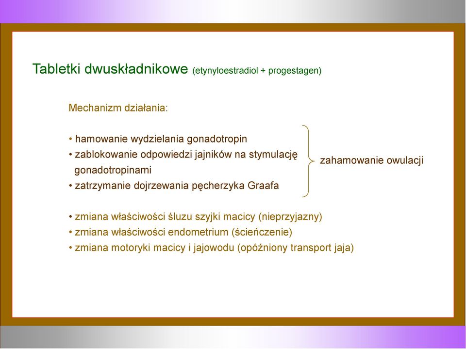 pęcherzyka Graafa zahamowanie owulacji zmiana właściwości śluzu szyjki macicy (nieprzyjazny) zmiana