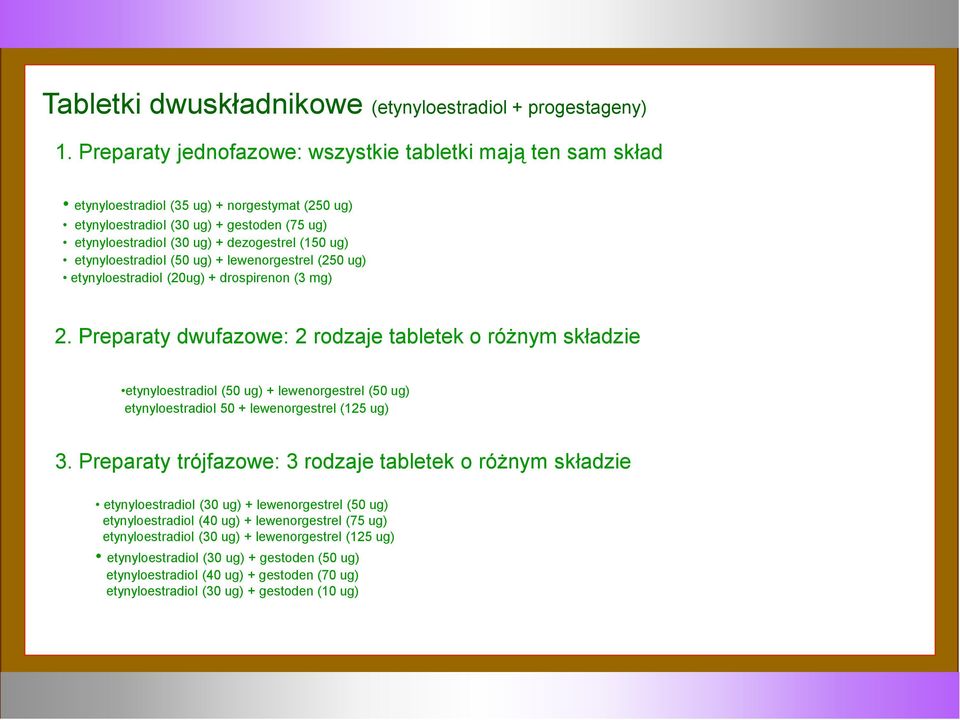 ug) etynyloestradiol (50 ug) + lewenorgestrel (250 ug) etynyloestradiol (20ug) + drospirenon (3 mg) 2.