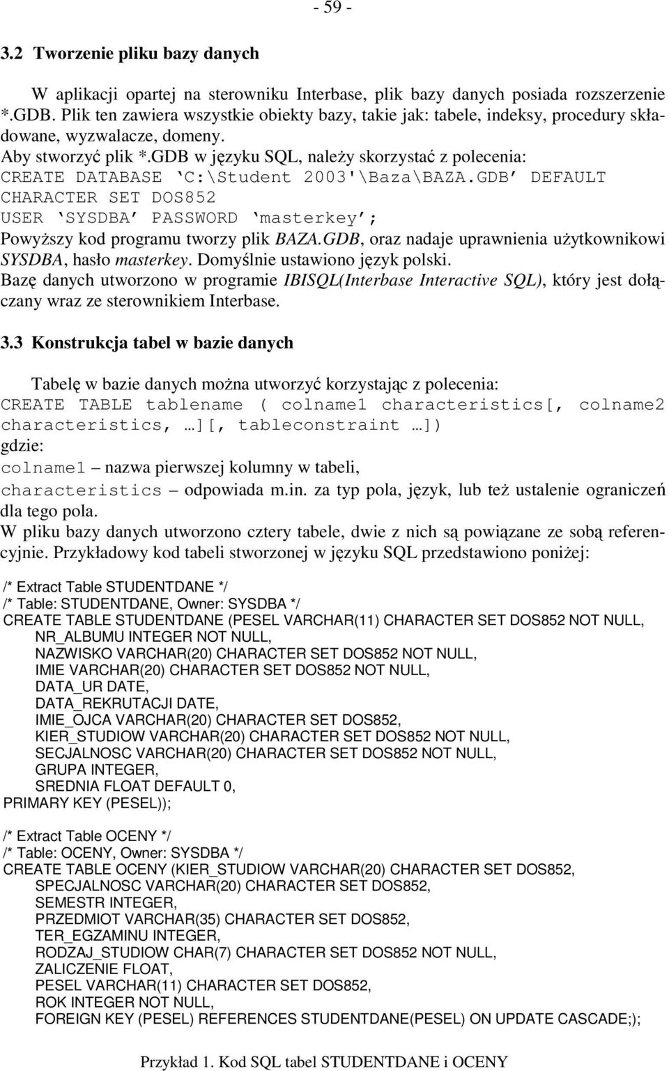 GDB w języku SQL, naleŝy skorzystać z polecenia: CREATE DATABASE C:\Student 2003'\Baza\BAZA.GDB DEFAULT CHARACTER SET DOS852 USER SYSDBA PASSWORD masterkey ; PowyŜszy kod programu tworzy plik BAZA.