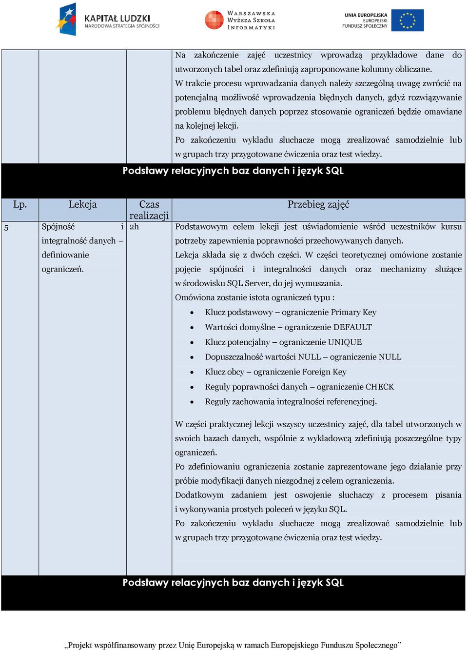 będzie omawiane na kolejnej lekcji. 5 Spójność i integralność danych definiowanie ograniczeń.