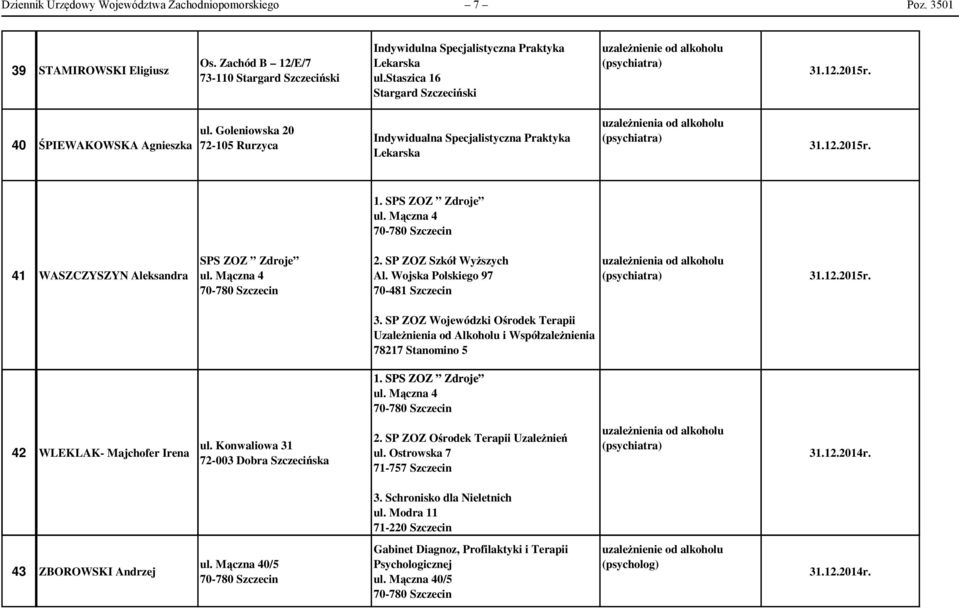 Wojska Polskiego 97 70-481 Szczecin 3. SP ZOZ Wojewódzki Ośrodek Terapii Uzależnienia od Alkoholu i Współzależnienia 78217 Stanomino 5 1. SPS ZOZ Zdroje 42 WLEKLAK- Majchofer Irena ul.