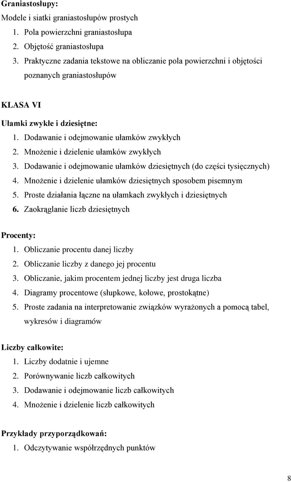 Mnożenie i dzielenie ułamków zwykłych 3. Dodawanie i odejmowanie ułamków dziesiętnych (do części tysięcznych) 4. Mnożenie i dzielenie ułamków dziesiętnych sposobem pisemnym 5.