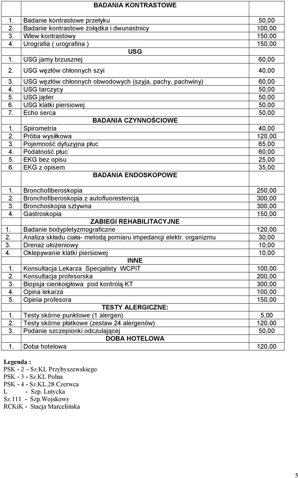 Echo serca 50,00 BADANIA CZYNNOŚCIOWE 1. Spirometria 40,00 2. Próba wysiłkowa 120,00 3. Pojemność dyfuzyjna płuc 65,00 4. Podatność płuc 60,00 5. EKG bez opisu 25,00 6.