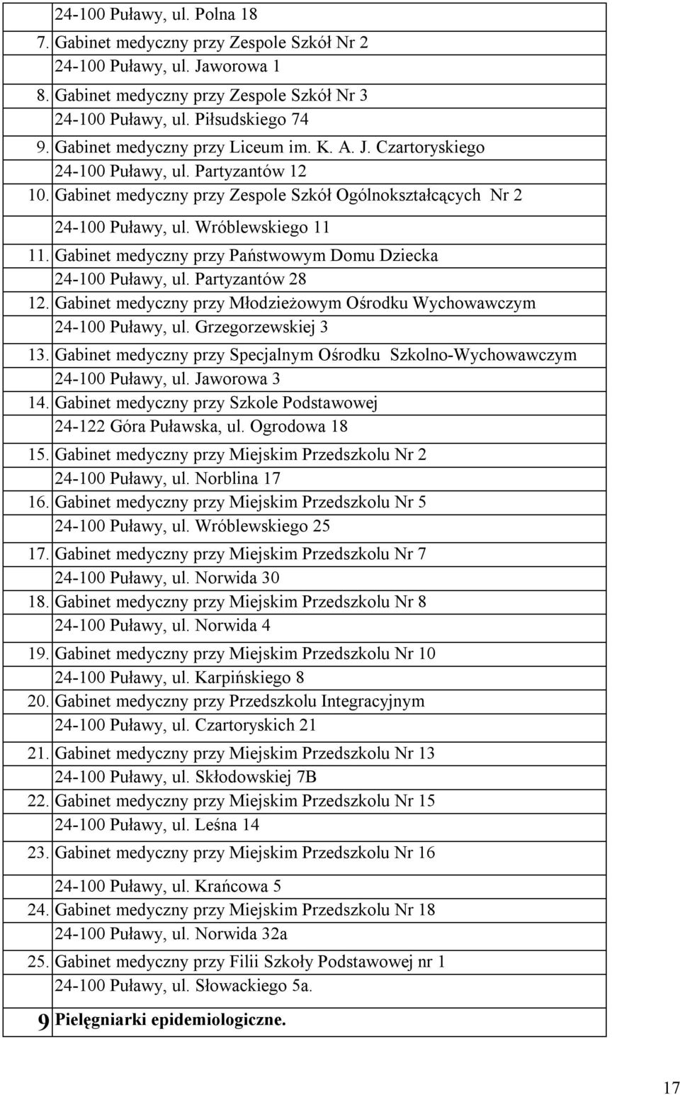 Gabinet medyczny przy Państwowym Domu Dziecka 24-100 Puławy, ul. Partyzantów 28 12. Gabinet medyczny przy Młodzieżowym Ośrodku Wychowawczym 24-100 Puławy, ul. Grzegorzewskiej 3 13.