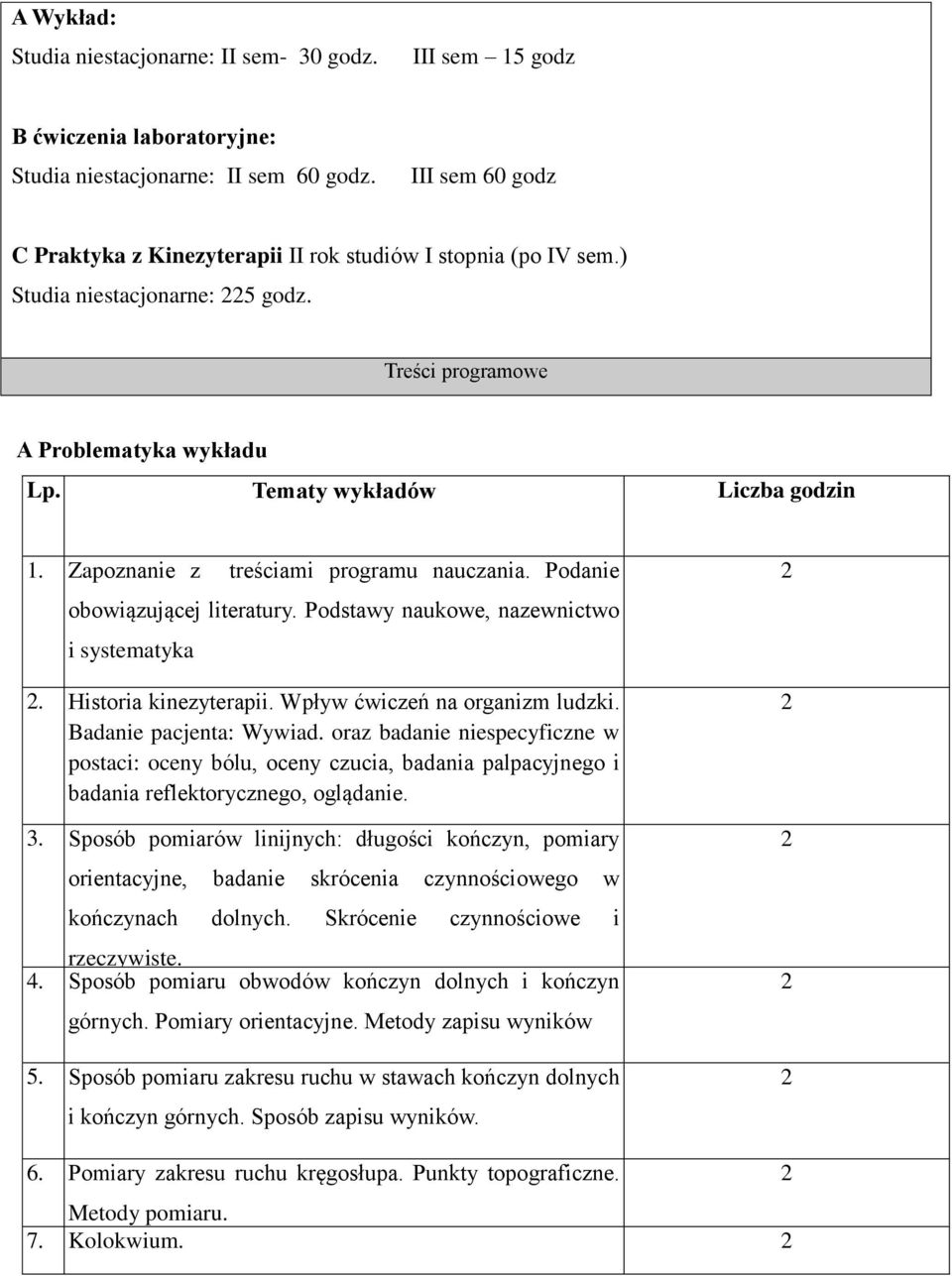 Zapoznanie z treściami programu nauczania. Podanie obowiązującej literatury. Podstawy naukowe, nazewnictwo i systematyka. Historia kinezyterapii. Wpływ ćwiczeń na organizm ludzki.