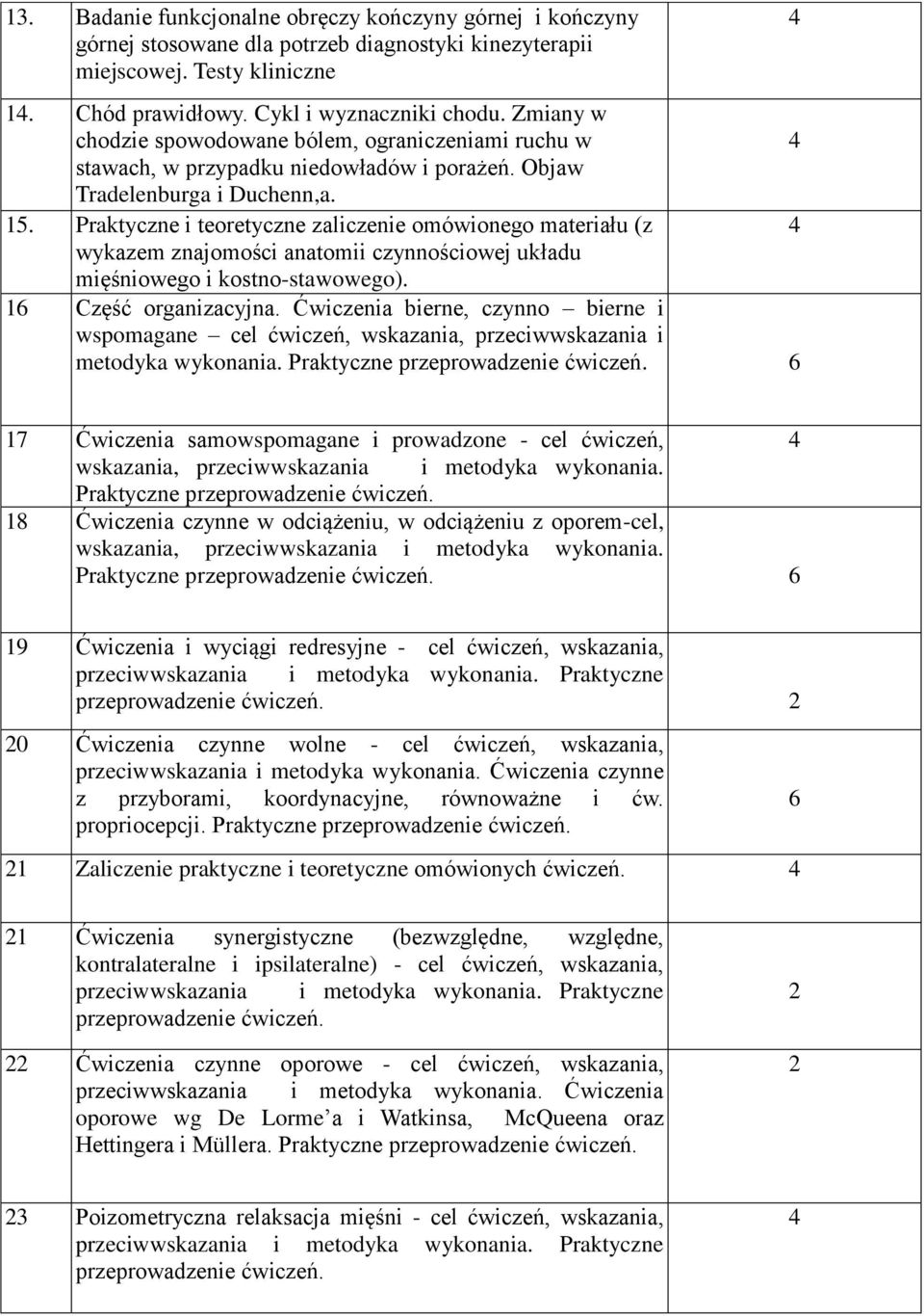 Praktyczne i teoretyczne zaliczenie omówionego materiału (z wykazem znajomości anatomii czynnościowej układu mięśniowego i kostno-stawowego). 6 Część organizacyjna.