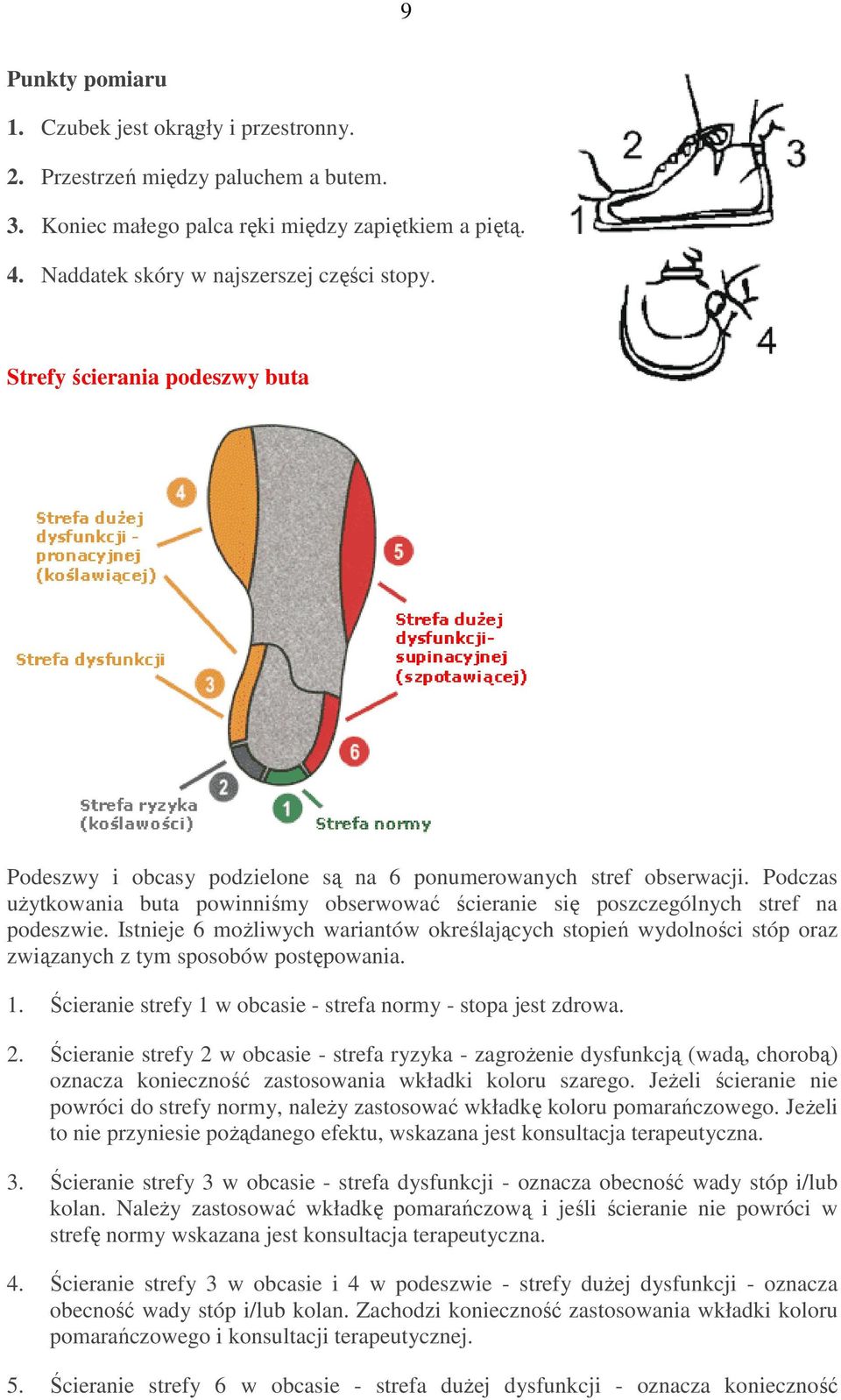 Istnieje 6 moŝliwych wariantów określających stopień wydolności stóp oraz związanych z tym sposobów postępowania. 1. Ścieranie strefy 1 w obcasie - strefa normy - stopa jest zdrowa. 2.