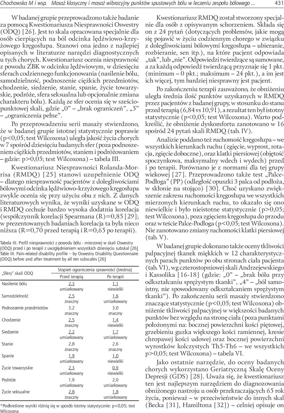 Jest to skala opracowana specjalnie dla osób cierpiących na ból odcinka lędźwiowo-krzyżowego kręgosłupa. Stanowi ona jedno z najlepiej opisanych w literaturze narzędzi diagnostycznych u tych chorych.