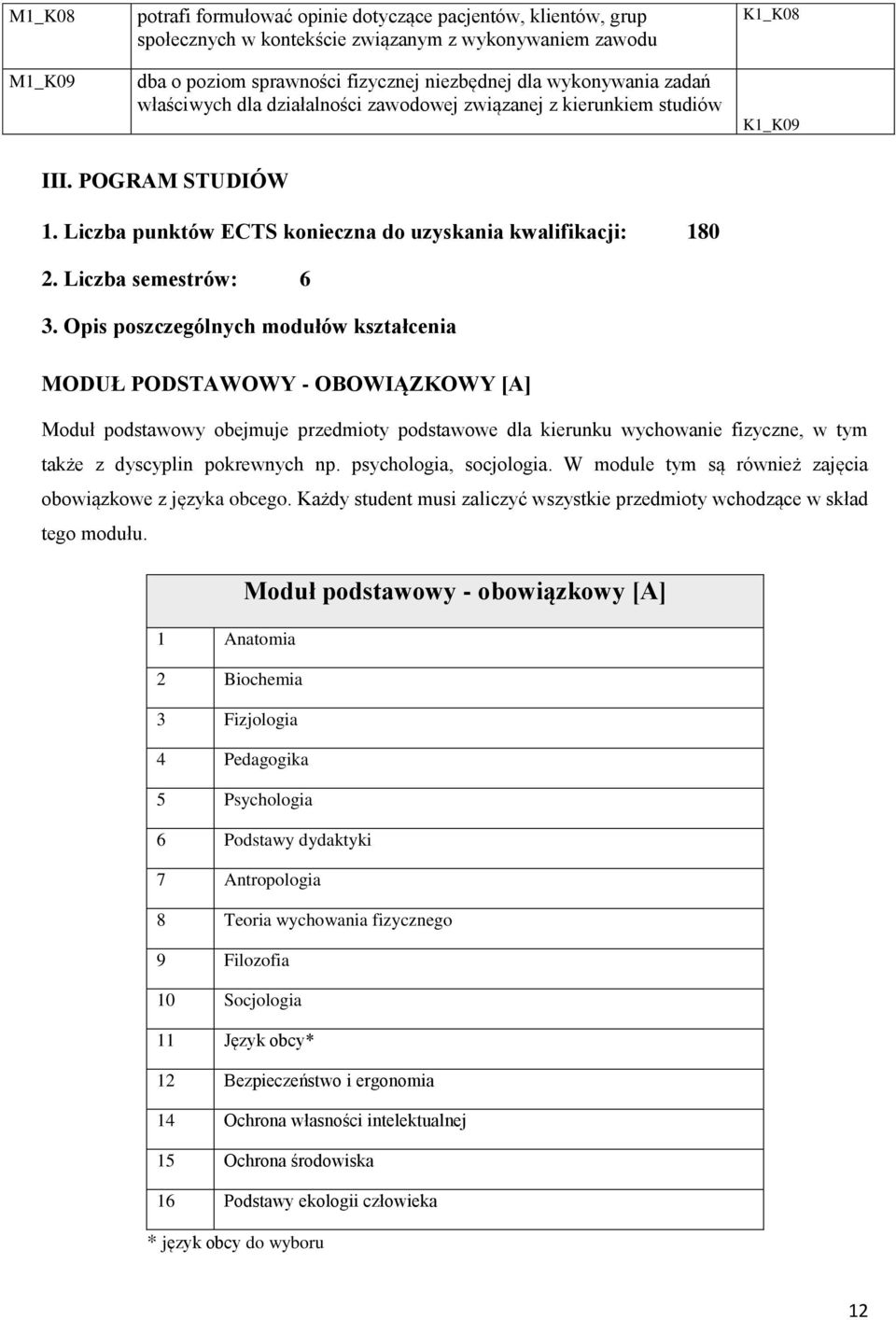 Opis poszczególnych modułów kształcenia MODUŁ PODSTAWOWY - OBOWIĄZKOWY [A] Moduł podstawowy obejmuje przedmioty podstawowe dla kierunku wychowanie fizyczne, w tym także z dyscyplin pokrewnych np.