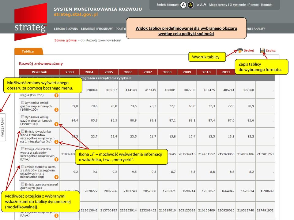 Możliwość zmiany wyświetlanego obszaru za pomocą bocznego menu.