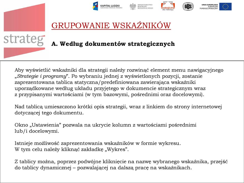 przypisanymi wartościami (w tym bazowymi, pośrednimi oraz docelowymi). Nad tablicą umieszczono krótki opis strategii, wraz z linkiem do strony internetowej dotyczącej tego dokumentu.